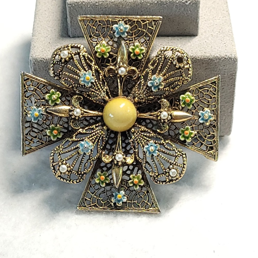 Vintage Maltese Cross Brooch Gold Tone Filigree Enamel Flowers Faux Pearl Pin